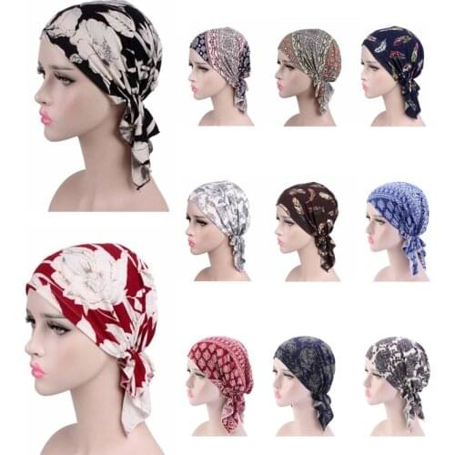 New Stretch Cotton Printing Pre-tie Style Spring Summer Brand Skullies Beanies Women Turban Chemotherapy Cap
