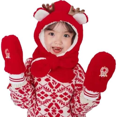 Autumn Winter Hat and Glove Set for Kids Girls Boys Fashion Deer Children Hat with Hooded Scarf Warm Plush Cap 1-10Y