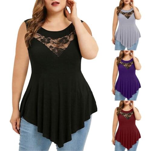 Plus Size 5xl Lace Blouse Women Summer Casual Solid Irregular Tee Tops Female Ladies Sleeveless Shirt Blusas Pullover A20
