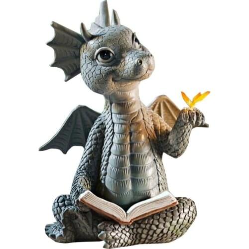 Garden Statue Realistic Decorative Resin Butterflies Baby Dragon Reading Book Sculpture Figurine for Garden drop shipping