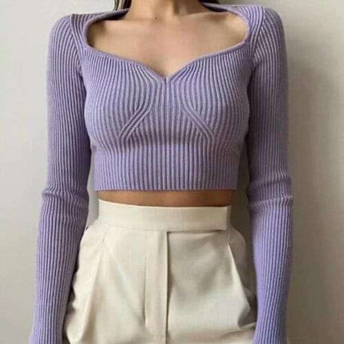 Sexy Square Collar Knitted Shorts Women Sweaters Long Sleeve Slim Crop Tops 2020 Autumn Basic Tops Knitwear