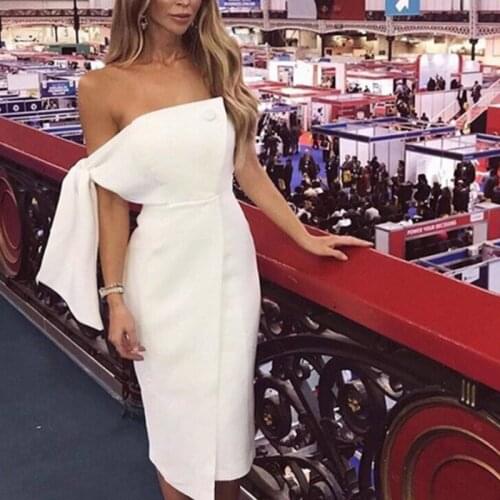 Sexy Elegant Simple White Tea-Length Sleeveless Satin Strapless Formal Prom Dresses Gowns