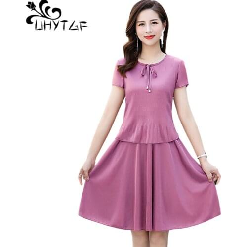 UHYTGF Summer Dress Womens Fashion Fake Two Short-Sleeved Pullover Elegant Female Dresses Loose Thin 5XL Plus Size Dress 1355