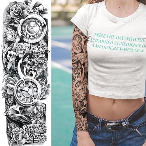 Sketch Colck Rose Flower Temporary Tattoos For Men Women Body Art Full Arm Sleeve Tatoo Waterproof Realistic Fake Tattoo Sticker