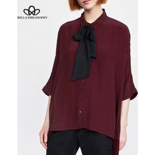 Bella Philosophy 2018 spring women three quarter sleeve shirt solid bow casual female blouse turn down collar fashion blouse