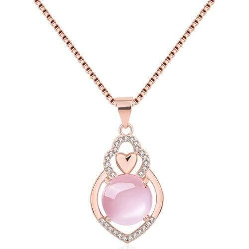 Trendy 925 Silver Jewelry Necklace Heart Shape Rose Quartz Zircon Gemstone Pendant for Women Wedding Promise Party Accessories
