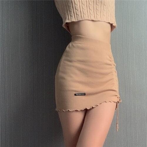 2021 Summer Sexy High Waist Drawstring Mini Skirt Female Knitted Stretch Wrap Hip Skirt Khaki Y2k Clothes