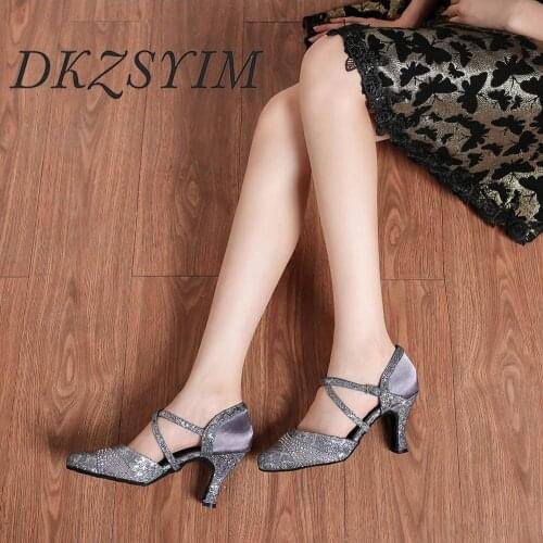 DKZSYIM Purple Ladies' Latin Shoes Suede+Rhinestone Ballroom Soft Bottom Modern Shoes Women elegant Salsa Dancing Shoes 2020