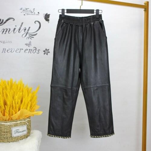 New Designer Womens High Quality Genuine Leather High-rise cropped trousers Autumn leather Jarem pants C912