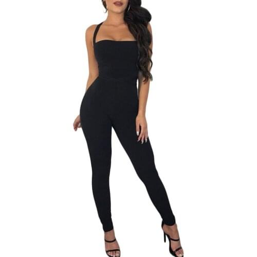 Womens Bodycon Jumpsuit 2018 Backless Criss Cross Bandage Strapless Black Long Jumpsuit Rompers Sexy Slim Bodysuit Club Overalls