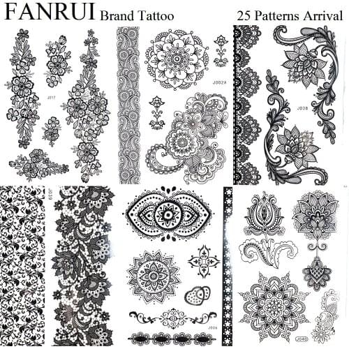 Henna Mandala Black Tattoo Stickers Bracelet Girls Body Arm Art Temporary Tattoo Women Prom Lace Neck Fake Tattoo Flower Paste