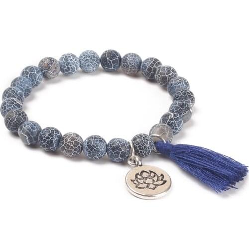 Lotus Buddha Charm Natural Stone Beaded Mala Bracelet with Tassel Turkoois Beads Bangles Women Yoga Prayer Buddhist Bracelets