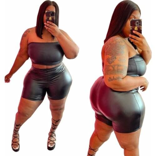 TNightclub Two Piece Sets For Women 2021 Summer Plus Size Charming Strapless Backless Tank Tops Skinny Shorts PU Sexy Outfits