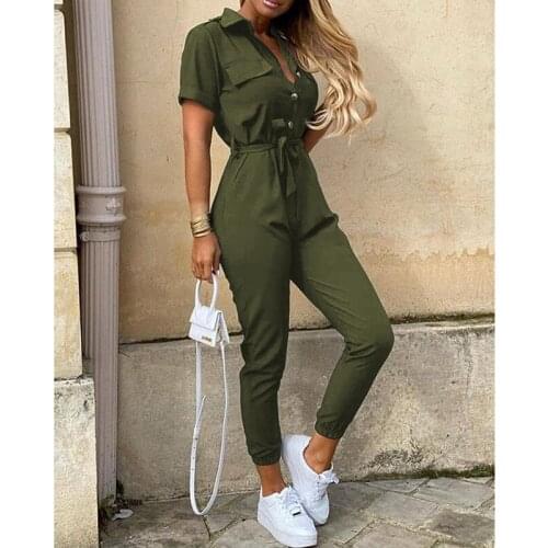 Streetwear Sexy Bodycon Jumpsuit Women Overalls Rompers 2021 Short Sleeve Skinny Summer Womens Button Bodysuit