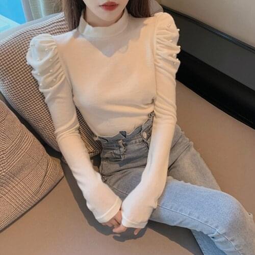 Pullover Sweater Women 2021 New Spring Autumn Korean Fashion All-Match Solid Color Long Sleeve Puff Sleeve Knitting Shirt A302