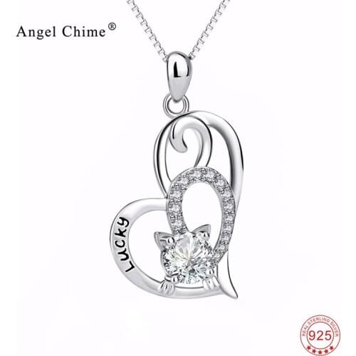 Love Heart Crystal CZ Pendant 925 Sterling Silver Lucky Cat Pattern Collier Statement Necklace Women Fashion Jewelry
