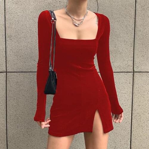 Sexy dress woman dress Solid Color Low-cut Split Party Bodycon Dress Long Sleeve Gothic Clothing femme robe vestido de mulher