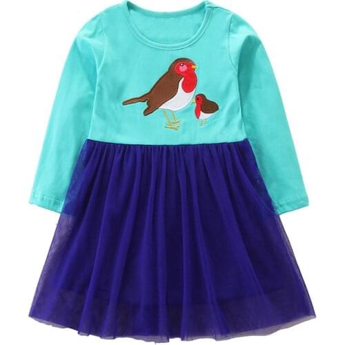 ZWF464 Girls Character Dress Rainbow with bird Children Long Sleeve Dress with Cartoon Clothes Kids Fashion Dresses for Girls