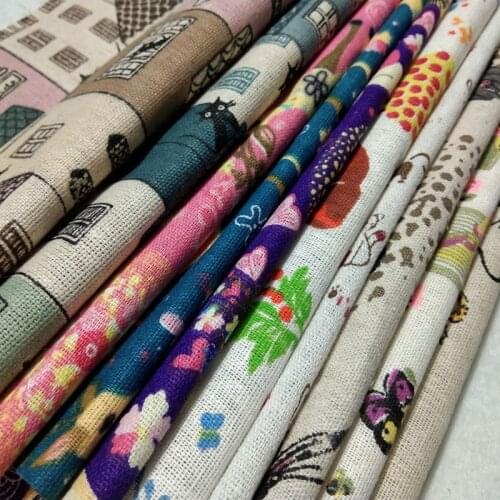 Pretty 10pcs Mixed Cartoon Animals Cat Deer Bird Butterfly Printed Cotton Linen Fabric Floral Linen Fabric Patchwork 22x24cm