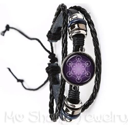 Pentacle Bracelet 20mm Glass Dome Art Picture Circle Black/Brown Leather Bangle Fashion Gift Pray For Happiness Keep Talisman