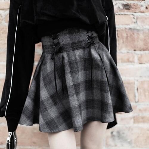 Fanco New Gothic Autumn Winter Gray Plaid Skirts Shorts Womens Lace Up Pleated Punk Girls High Waist A-Line Mini