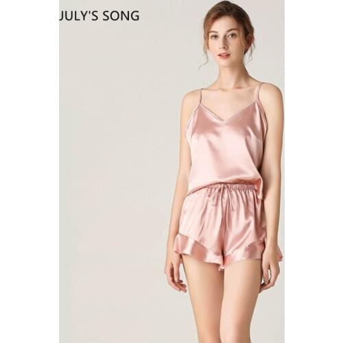 JULYS SONG Summer Pajamas Set Woman 2 Pieces Faux Silk Sling Shorts Sleepwear Pure Color Nightwear Pyjamas Loung Wear Homewear