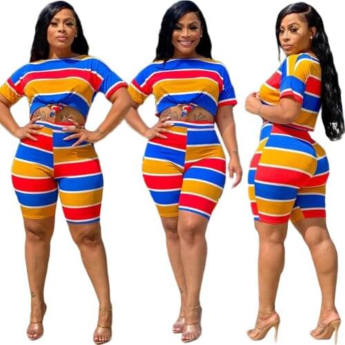 S-2XL summer two piece set women clothing Colorful stripe print casual short sleeve top and shorts outfit Wholesale Dropshipping