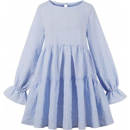 Vintage Casual Short Dress Summer Autumn Women Long Sleeve A Line Dresses High Waist Round Collar Linen Ladies Dress Blue 2021