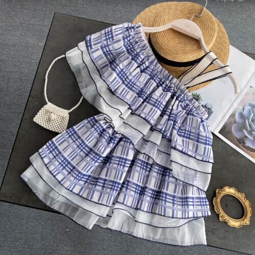 INS Holiday Style Sweet Ruffles Oblique Collar Off Shoulder Strap Plaid Shirt Short Top Female Summer Blouse Streetwear Top