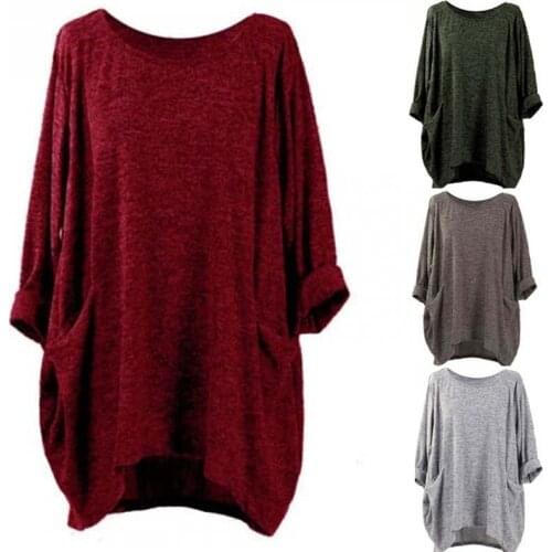 Spring Women Plus Size Tunic Tops Loose Tee Shirt With Pockets Casual O Neck Long Sleeve Blouse Fashion Woman Blouses 2021