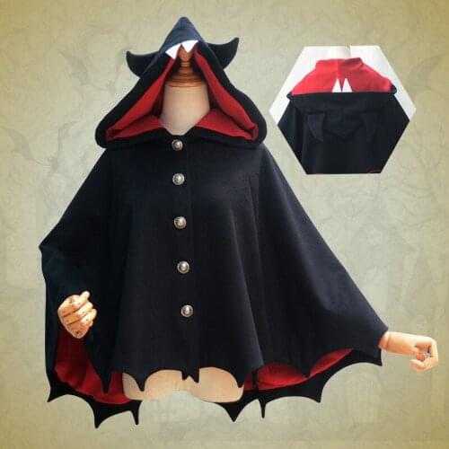 Womens Girls Winter Halloween Bat Wing Embroidery Devil Horn Cape Hooded Lolita Cloak Cute Wool Blend Outwear Color Black