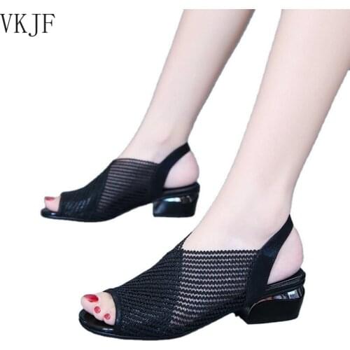 2021 Women Sandals Fashion Thick Heel Peep Toe Womens Shoes Mesh Breathable Sandals Ladies Plus Size Girls Summer Sandal