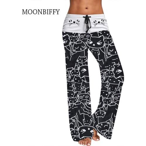 Women Wide Leg Pants FemaleCasual New Fashion Cat Prints Drawstring Pants Leggings Pant
