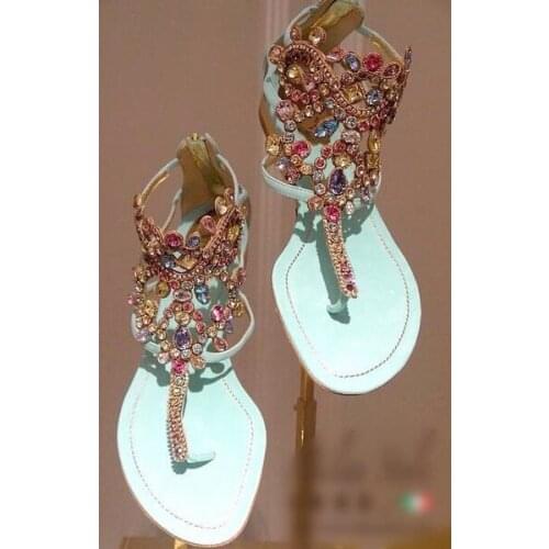 New Arrvials Hot Selling Colorful Shinny Crystal Flat Sandals For Women Slip Toe Beach shoes woman Back Zipper Cage shoes woman