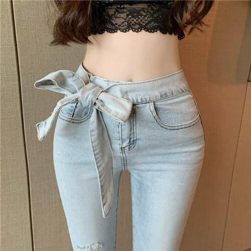 Women Fall 2021 New Korean Style Blue Deim Pants High Waist Bow Tie Tight-fitting Denim Pants Women Solid Color Trouser Spodnie
