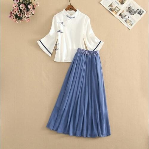 Summer New Chinese Hanfu Two Piece Set Women Flare Sleeve Hit Color Cotton Blouse Shirt + Chiffon Pleated Maxi Skirt Sets Suits