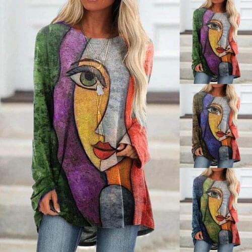 WomenS Pullover Autumn Fashion Retro Artistic Round Neck Print Long-Sleeved Blouse Mid-Length Clothing толстовка женска 50