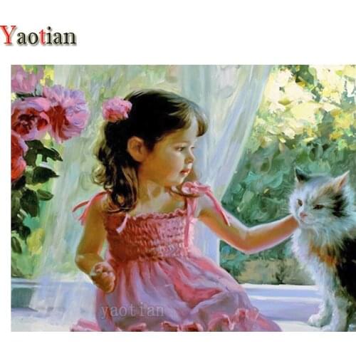DIY 5D Diamond Painting Full Drill Square Cute Girl And Cat Pictures Mosaic Embroidery Kits Flower Cross Stitch Handmade Decor