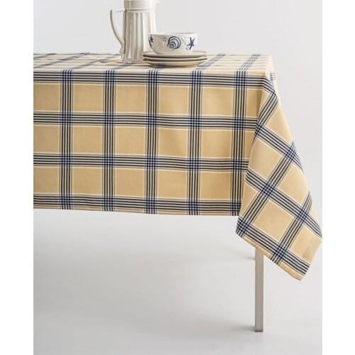 Beige navy blue plaid rectangular tablecloth duvet cover washable tea table for home decor round square dining table decor for living room quality fabric cotton linen rectangular tablecloths for kitchen diner Party