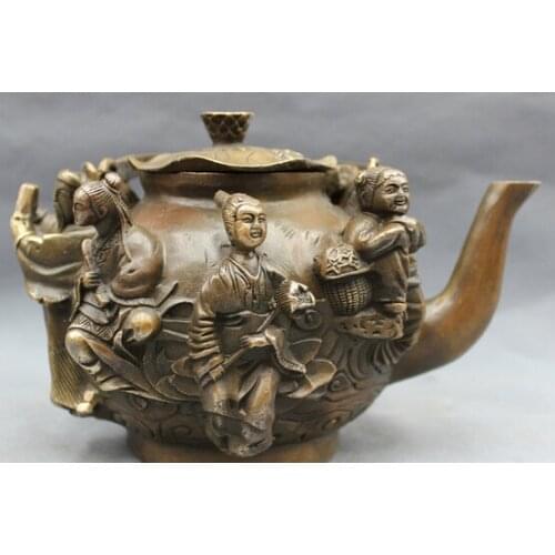 Bi001748 8" Chinese Bronze Copper 8 Immortals God BaXian GuoHai Statue Wine Pot Teapo