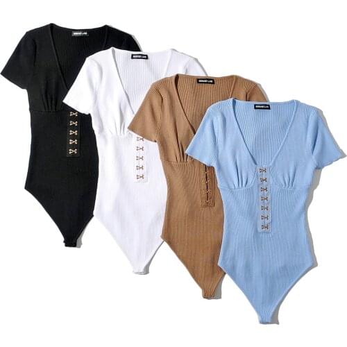 One Piece Women Knitted Solid U Neck Short Sleeve Black White Khaki Blue Hook Up Bodysuit Bodycon Jumpsuit