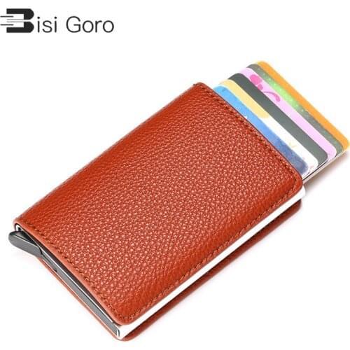 BISI GORO RFID Pop-Up Card Holder Aluminum Box Litchi Soft Leather Card Case Information Protector Security Slim ID Card Case