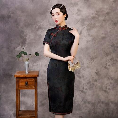Black Sexy Slim Chinese Women Cheongsam Mid Length Satin Classic Evening Dresses Large Size 3xl Qipao Vintage Party Vestidos