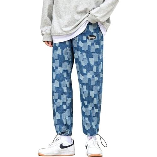 Summer New Jacquard Patch Blue Jeans Mens Trendy Brand Large Size Loose Straight-Leg Pants Drawstring Wide-Leg Denim Trousers