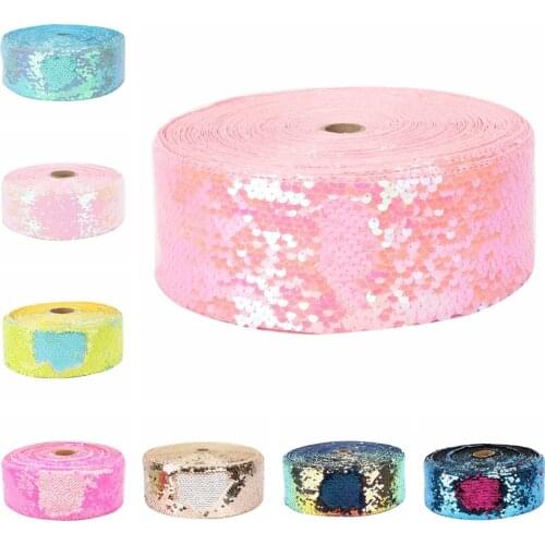 HSDRibbon 3 inch 75MM double color Sequin Fabric Reversible Sequin Ribbon 25Yards/Roll