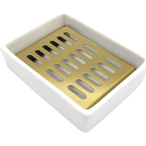 Ceramic Soap Dish Stainless Steel Soap Holder For Bathroom And Shower Double Layer Draining Soap Box (White+Gold)