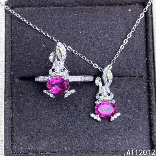 KJJEAXCMY fine jewelry natural pink topaz 925 sterling silver trendy girl new rabbit pendant necklace ring set support test