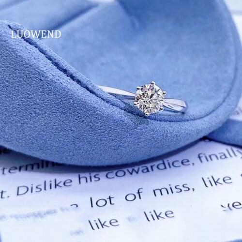 LUOWEND 100% 18K White Gold (AU750) Engagement Rings Solitare 0.50 Carat Classic 6 Claws Natural Diamond Ring for Women Wedding