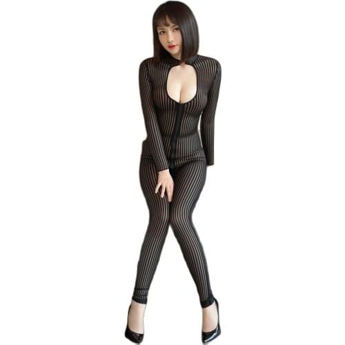 Hollow Out Chest 2 Zipper Open Crotch Bodysuit Striped Bodycon Jumpsuit Bodystocking Sexy Hot Erotic Lingerie One Piece Babydoll