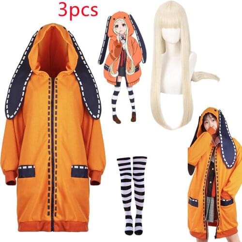 3pcs Yomoduki Runa Costume Anime Kakegurui Cosplay Orange Bunny Sweatshirt Coat Wig Knee Socks Compulsive Gambler Suit